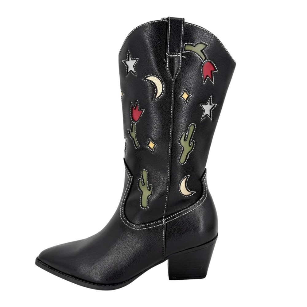 No Boundaries Women's Novelty Cowgirl Black Boots 9 Cactus Moon/Star Flower NWOT - Picture 3 of 13